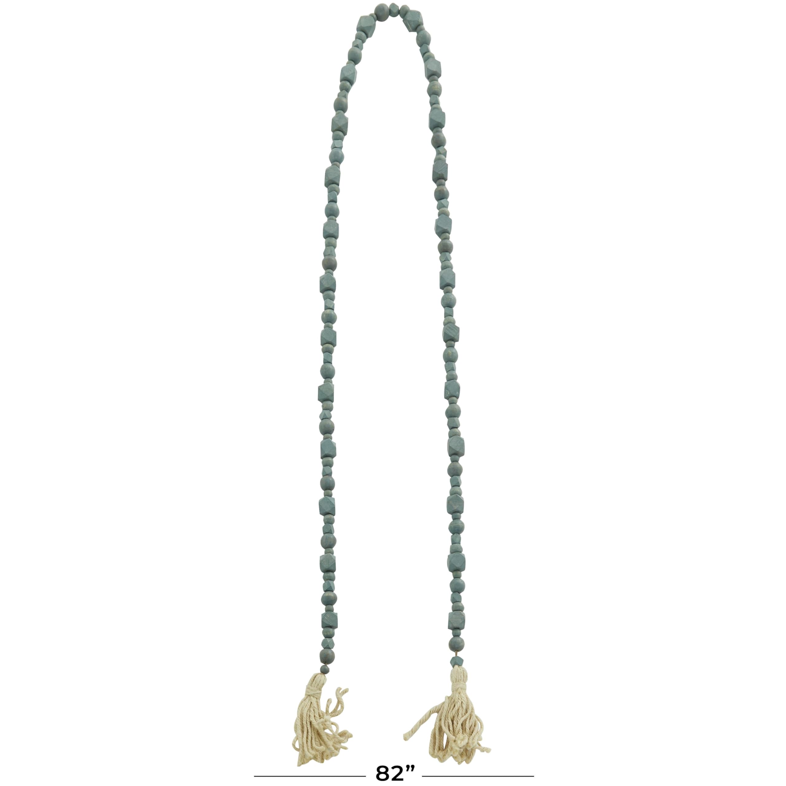 Deco 79 Mango Wood Handmade Hexagon Carved Geometric Long Beaded Garland with Tassel, 80" x 1" x 1", Blue
