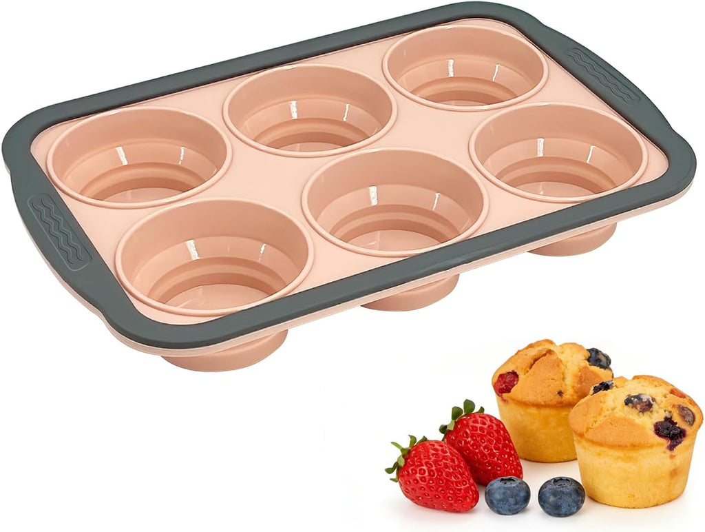 Skiennix Silicone Muffin Pan - 6-Cup Nonstick Bakeware with Metal Frame | Easy Release & Dishwasher Safe (Pink)