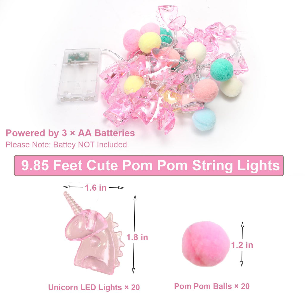 9.85FT Unicorn String Lights Cute Pom Poms Fairy LED String Lights Battery Operated with Timer Decor Lights for Kids Bedroom Birthday Party Kids Playhouse Wedding Valentine's Day Christmas Decorations
