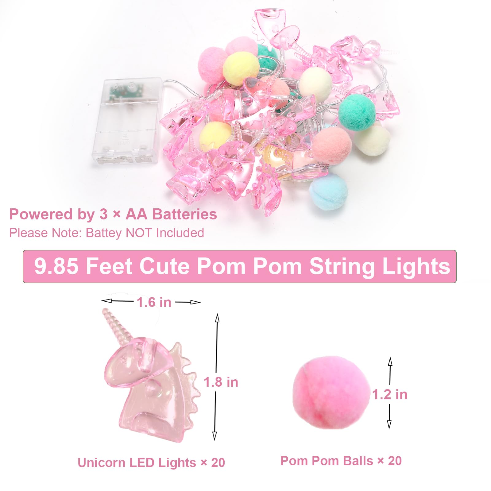 9.85FT Unicorn String Lights Cute Pom Poms Fairy LED String Lights Battery Operated with Timer Decor Lights for Kids Bedroom Birthday Party Kids Playhouse Wedding Valentine's Day Christmas Decorations