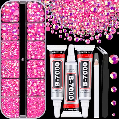 Hot Pink AB Resin Rhinestones Kit with B7000 Glue and Tools for Crafts DIY