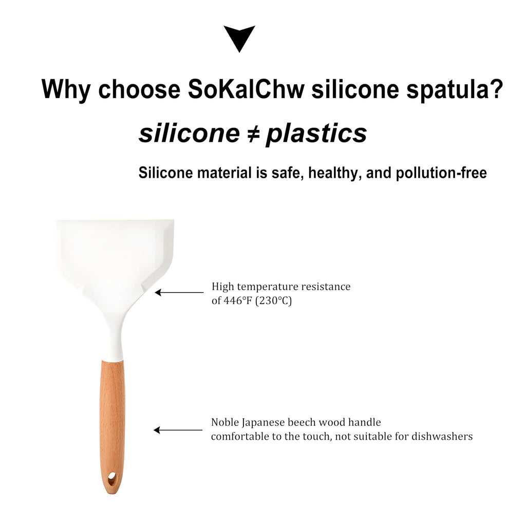 SoKalChw Wide silicone spatula tamagoyaki shovel turner for Omelette pan pancakes, eggs, fish, steak and pizza, Nonstick cookware, Wooden handle (White)
