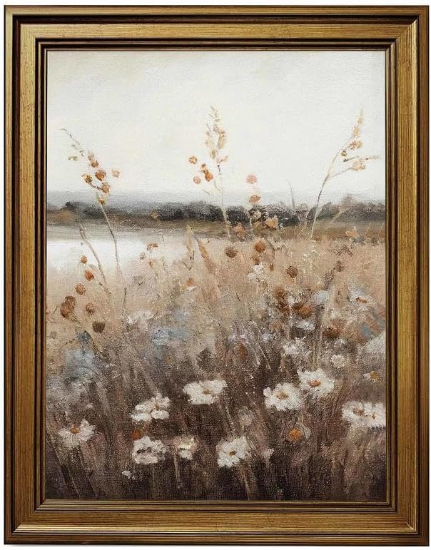 Vintage Meadow Wall Art Canvas Print - Rustic Wildflower Landscape Painting | 12x16 Inch Bronze Framed Decor