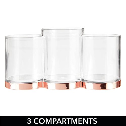 mDesign Practical Makeup Storage – Decorative Makeup Box for Brushes and Mascara – Make Up Display with 3 Compartments – Transparent and Red Gold
