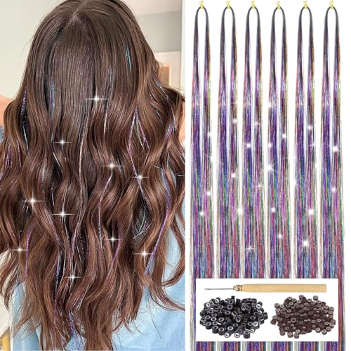 Hair Tinsel Kit with Tools - 2400 Strands 47 Inch Heat Resistant Glitter Hair Extensions Sparkling Fairy Hair Accessories