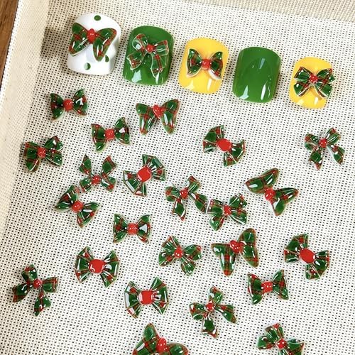 150Pcs Christmas Bow Nail Charms - 3D Resin Red and Green Lattice Bowknot Rhinestones for Winter Nail Art Designs