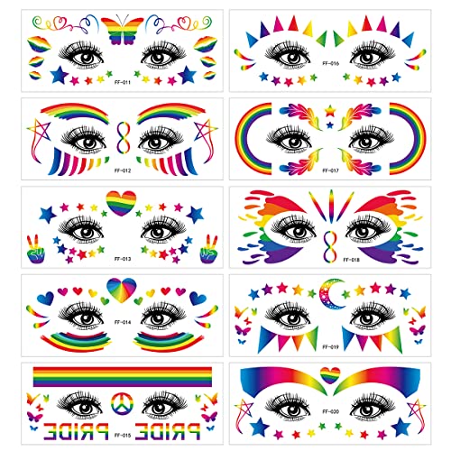 Rainbow Pride Temporary Face Tattoos 10 Sheets LGBT Body Art