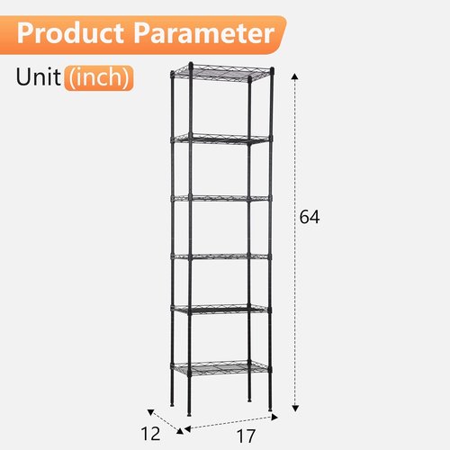 FDW 6-Tier Wire Shelving Unit - Adjustable Metal Pantry Rack for Kitchen & Garage | 17L x 12W x 64H, Black