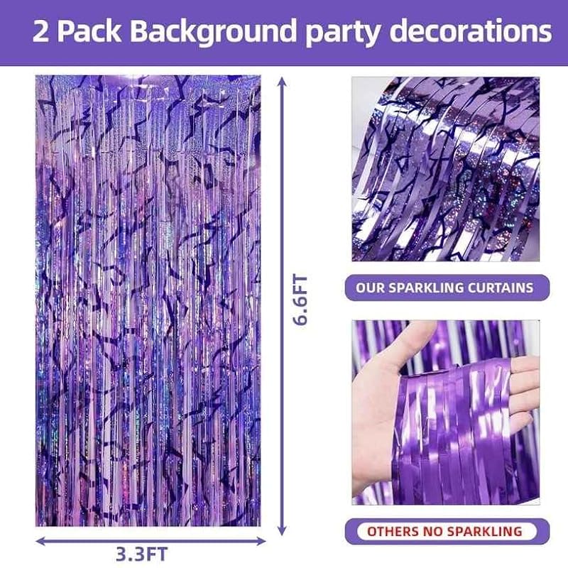 FUNTON Purple Foil Fringe Curtains Birthday Party Decor 6.6ft Set