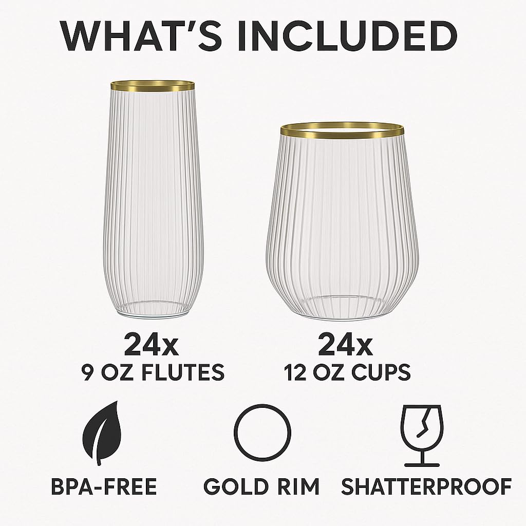 Oojami 48 Pack Ribbed Origami Ripple Plastic Glasses, 24 9 Ounce Stemless Champagne Flutes & 24 12 Ounce Cups, BPA-Free Disposable Shatterproof Toasting Glasses for Weddings Bars Events (Gold Rim)
