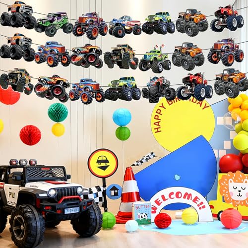 Monster Truck Happy Birthday Banner Set - Blue Racing Party Decorations