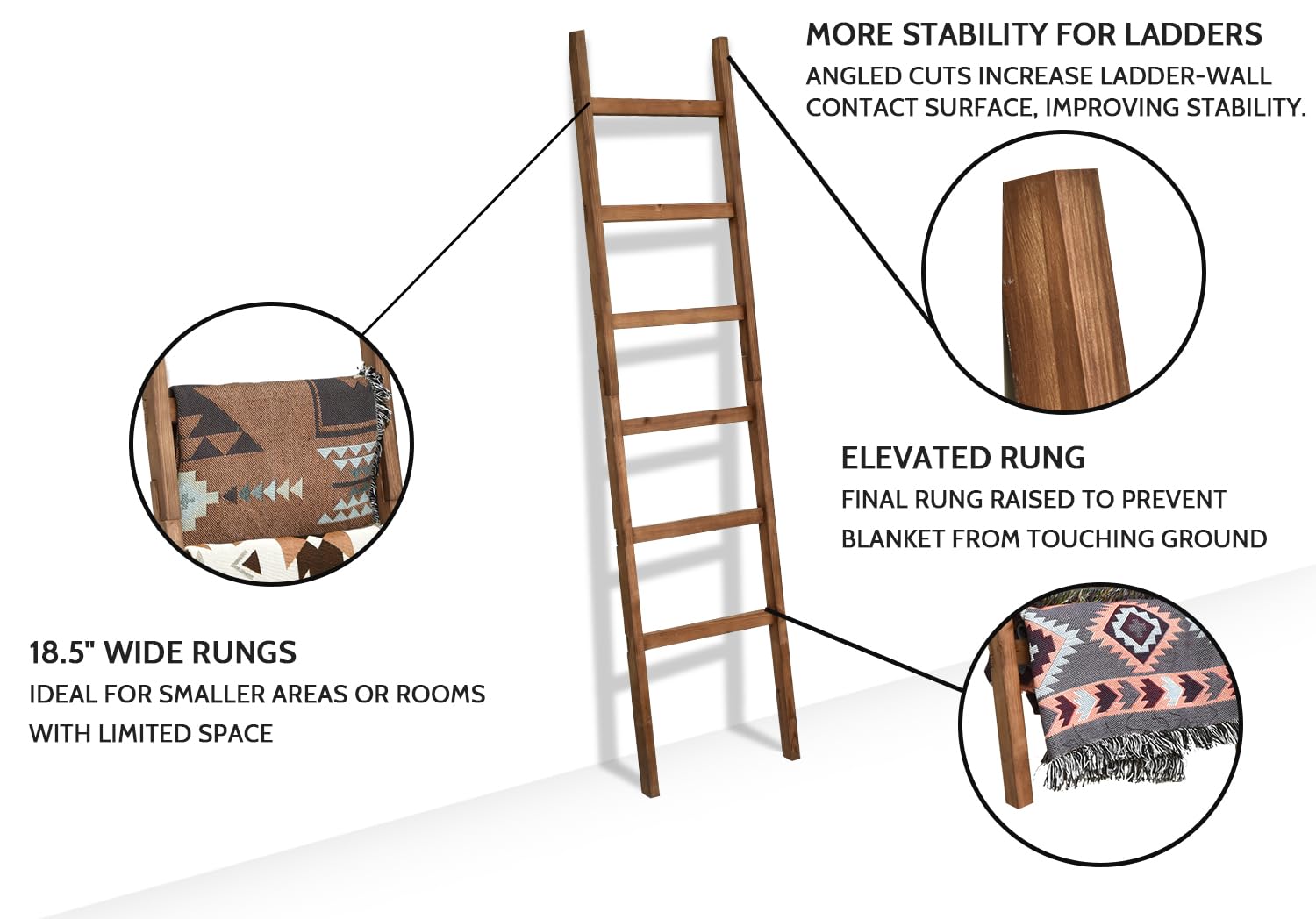 FUIN 6.4ft Extra Wide Wooden Blanket Ladder Living Room Decorative Wal Leaning Farmhouse Quilt Display Holder Rustic Wood Towel Rack for Bathroom, Brown, 18.5 inch Wide