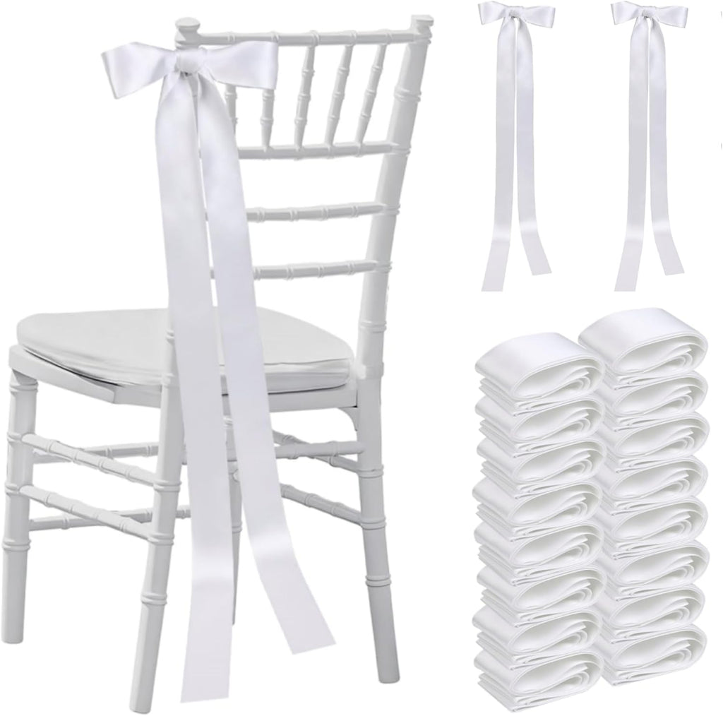 Skiennix 30 Pcs Satin Chair Sashes - 90.55x1.96 Inch White Ribbons for Wedding Decor & DIY Bow Making