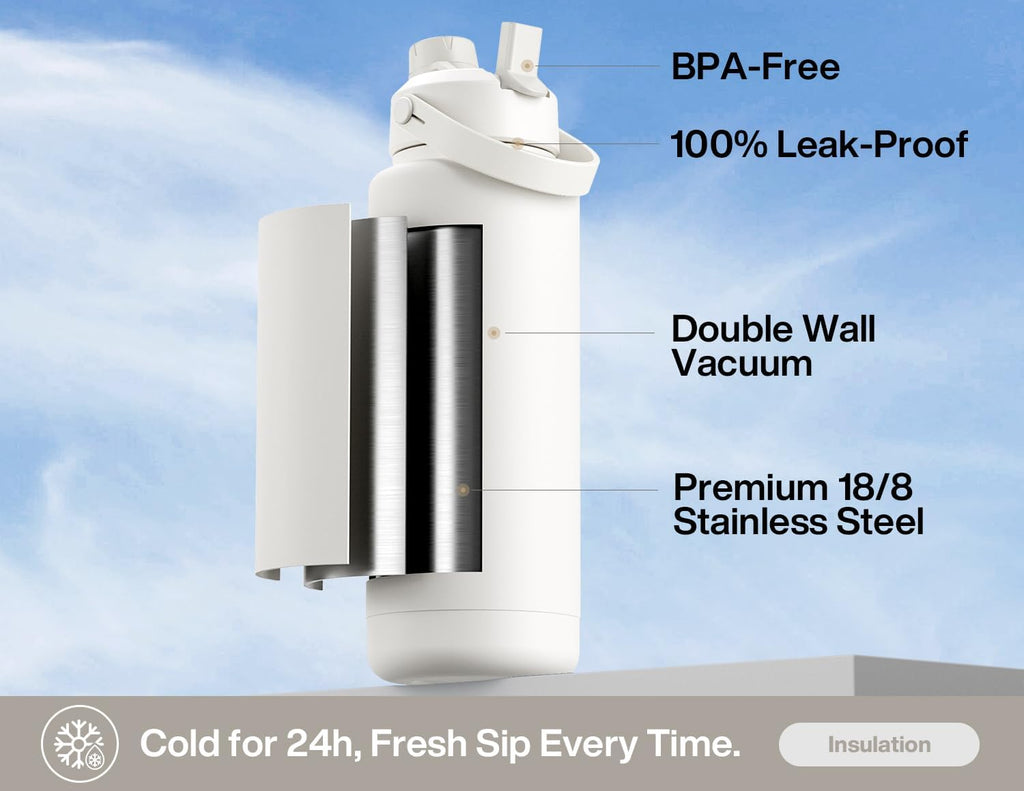 POWCAN 40 oz Insulated Water Bottle - 2-in-1 Straw & Spout Lid, Leak-Proof, BPA-Free, Ivory