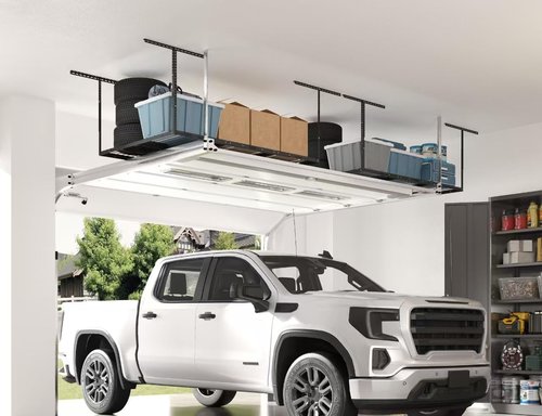 FLEXIMOUNTS 4x6 Overhead Garage Storage Rack - Adjustable Ceiling Mount | 450lbs Capacity, Black