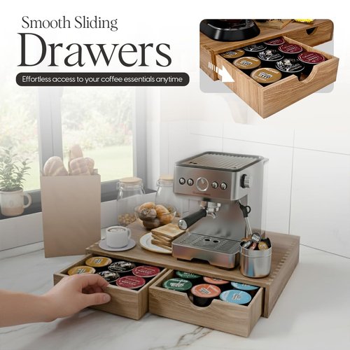 Wooden K Cup Organizer Coffee Pod Storage Box, K cup holder, Coffee Pods and Tea Organizer, K pod Drawer Coffee Maker Stand, Kcup Drawer Organzier Under Brewer, 30 Pods Capacity