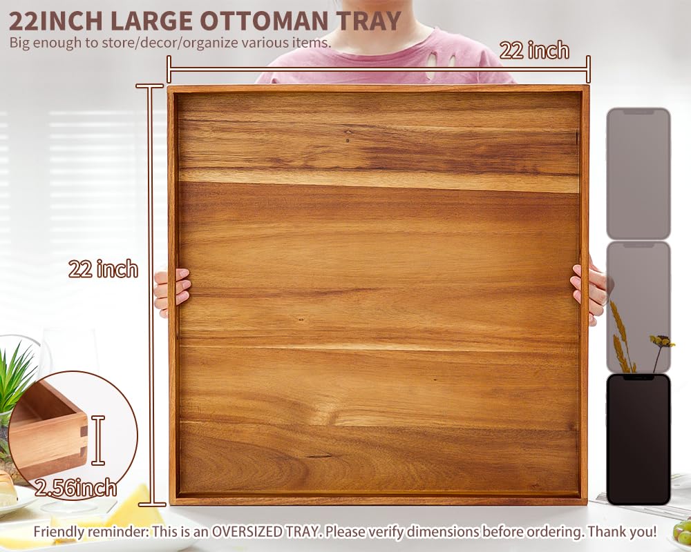 Extra Large Square Wood Tray, Generously 22" Acacia Serving Trays for Large Ottoman Coffee Table, Giant Square Shape Sofa Tray with Handles, Kitchen Organizer Storage Trays Huge Counter Serveware