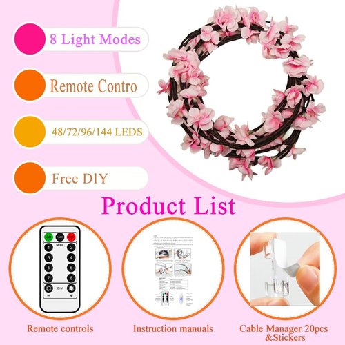 63 Inch Cherry Blossom Tree Light with Remote, 72 LED Cherry Blossom Branch Lights for Wall, 8 Lighting Modes&Timer, Flexible DIY Indoor Decoration for Home, Christmas, Wedding, Party (72LED-63inch)