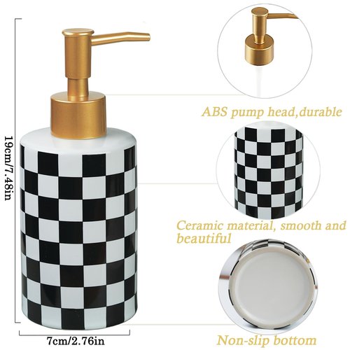 Checkered Ceramic Soap Dispenser White and Black,Liquid Lotion Dish Hand Checkerboard Soap Dispenser Bottle with Golded Pump Plastic for Kitchen,Bathroom,Washroom