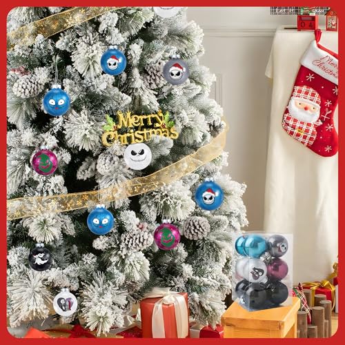 Colorful Skull Pattern Christmas Ornaments Set - 24 Shatterproof Holiday Balls with Hanging Wire