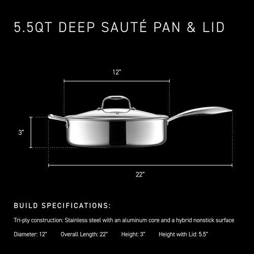 HexClad Hybrid Nonstick Deep Sauté Pan - 5.5-Quart with Glass Lid & Stay-Cool Handle | Oven-Safe & Induction Ready