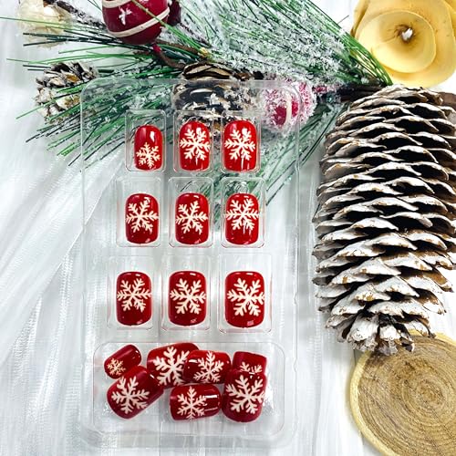 Christmas Press on Nails Short Square False Nails Red Snowflake Design