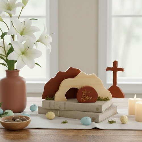 He Is Risen | Empty Tomb Scene Easter Decorations - Natural Wood Christian Decor for Home & Office