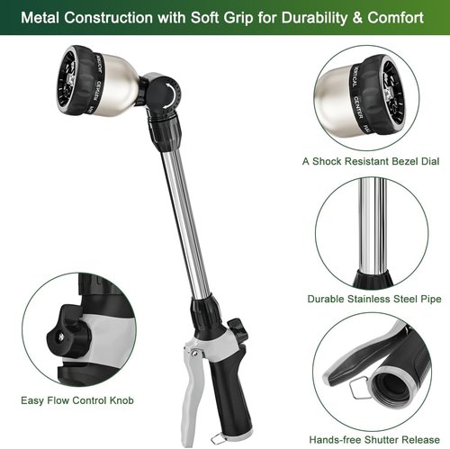 FANHAO Heavy Duty Watering Wand - 16-Inch Metal Hose Nozzle with 8 Spray Patterns & Thumb Control