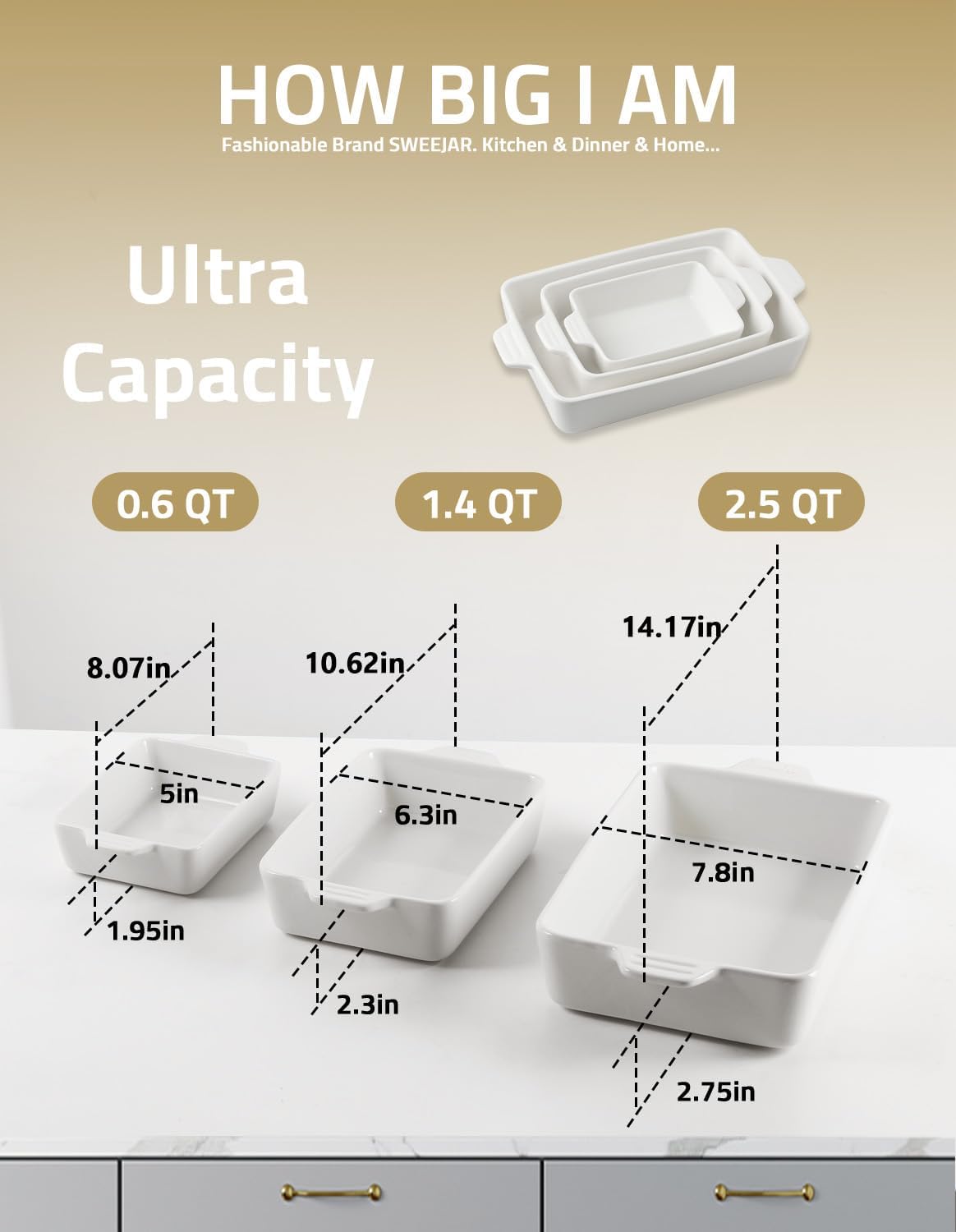 Sweejar Ceramic Bakeware Set - Rectangular Baking Dish for Lasagna & Cakes | 11.8 x 7.8 x 2.76 Inches (Beige)