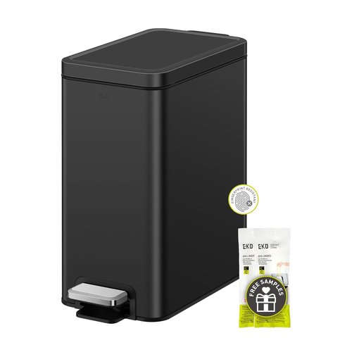 EKO Small Bathroom Trash Can - Soft Close Lid & Step Pedal | 10L Stainless Steel, Anti-Fingerprint Matte Black