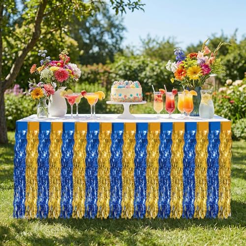Blue Gold Metallic Tinsel Foil Fringe Table Skirt 2 Pack