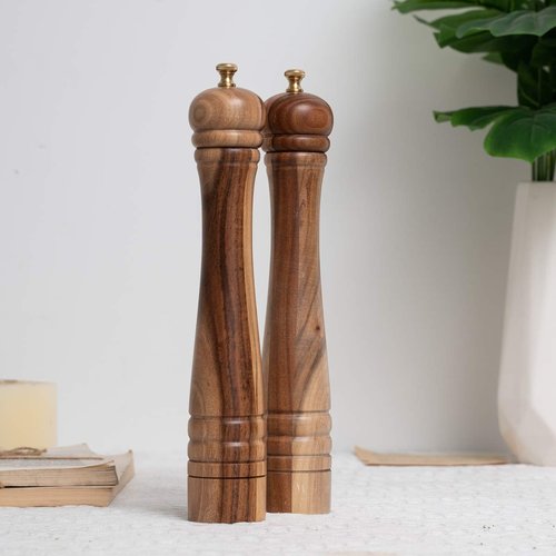 DeroTeno Salt and Pepper Mill Set, Pepper Grinder with Adjustable Stainless Steel Grinder, Salt Grinder with Ceramic Grinder, Acacia Wood, Height 30 cm / 12 inch
