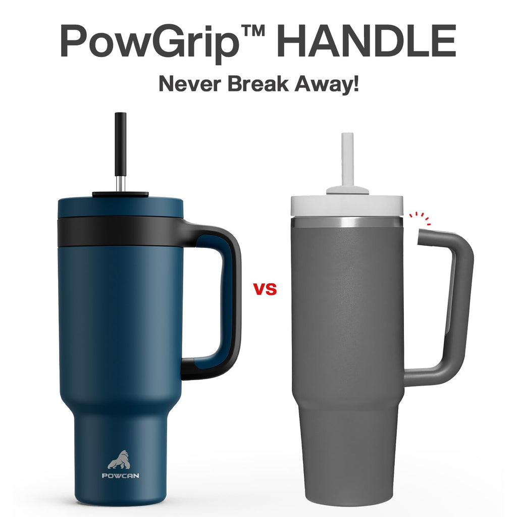 POWCAN 40 oz Tumbler with Handle, 2-in-1 Straw and Sip Lid, Leakproof, Dishwasher Safe, Insulated Stainless Steel Travel Coffee Mug, Keeps Cold for 34 Hours, Fits in Car Cup Holder (Deepsea)