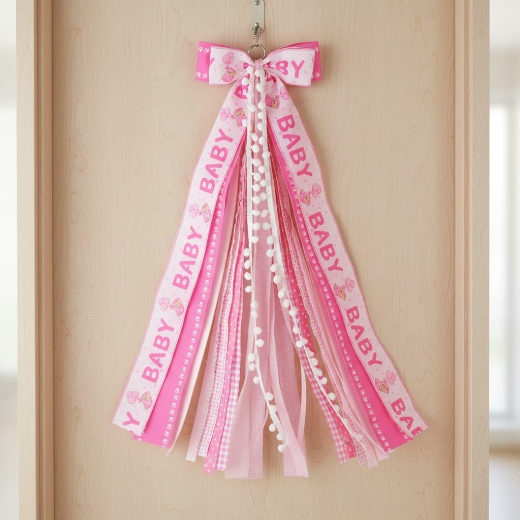 Regine Switzerland Baby Girl Welcome Home Wreath - 27.5" Large Pink Bow Door Hanger for Nursery Decor