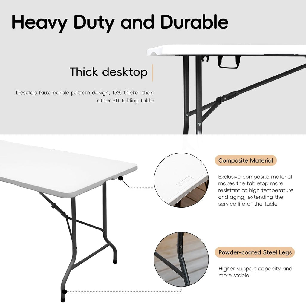 Pollilar 6FT Folding Table - Portable HDPE Banquet Table for Meetings, Picnics, and Events | White