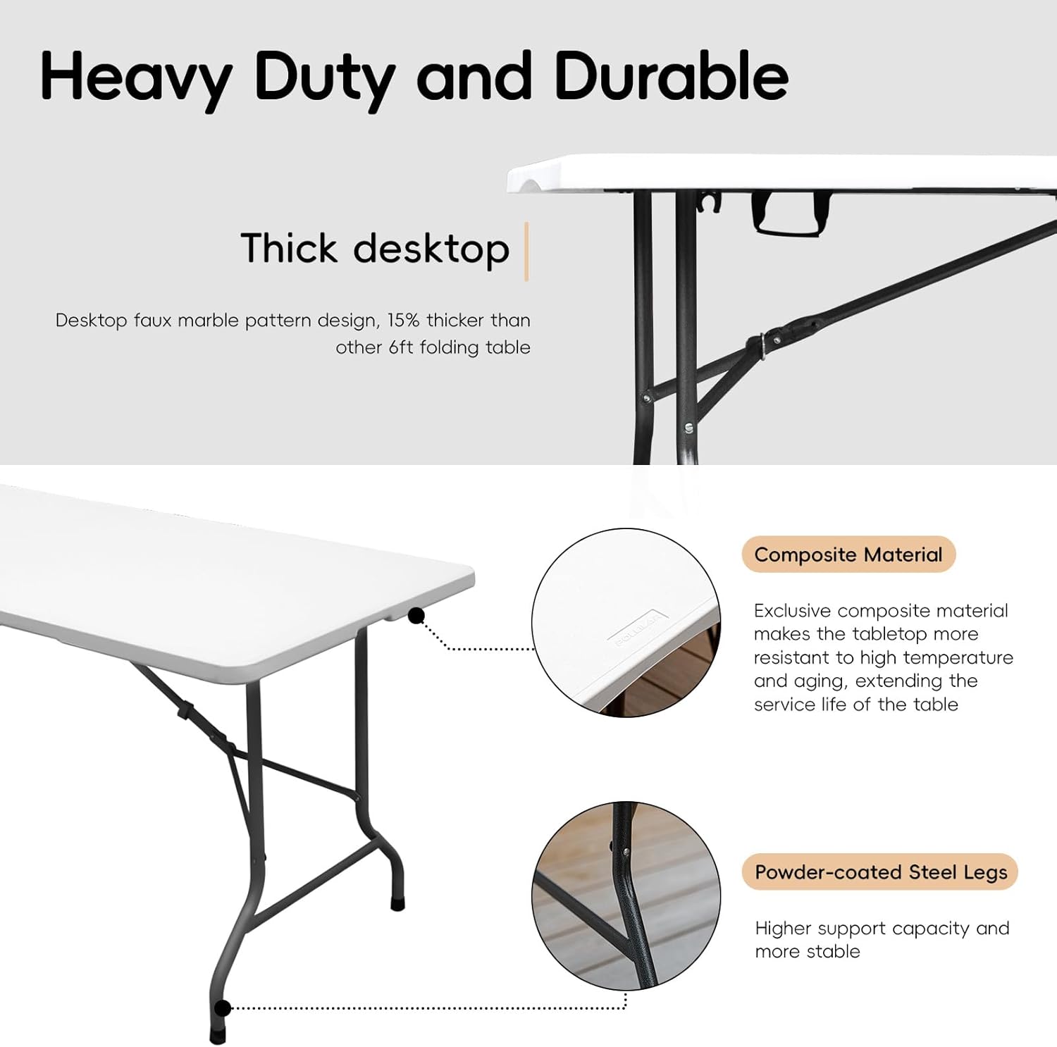 Pollilar 6FT Folding Table - Portable HDPE Banquet Table for Meetings, Picnics, and Events | White