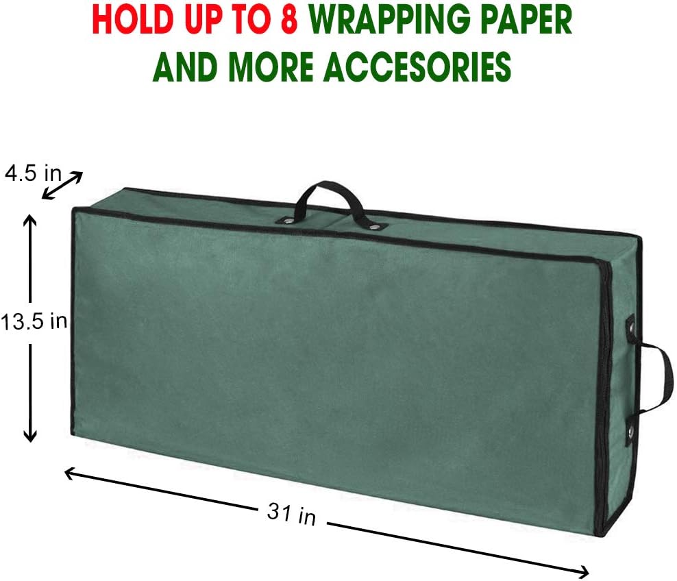 Primode Wrapping Paper Storage Container - Under Bed Organizer for 30-Inch Rolls | 31”x13.5”x4.5” | Durable 600D Oxford Material with Pockets for Ribbons and Bows (Green)