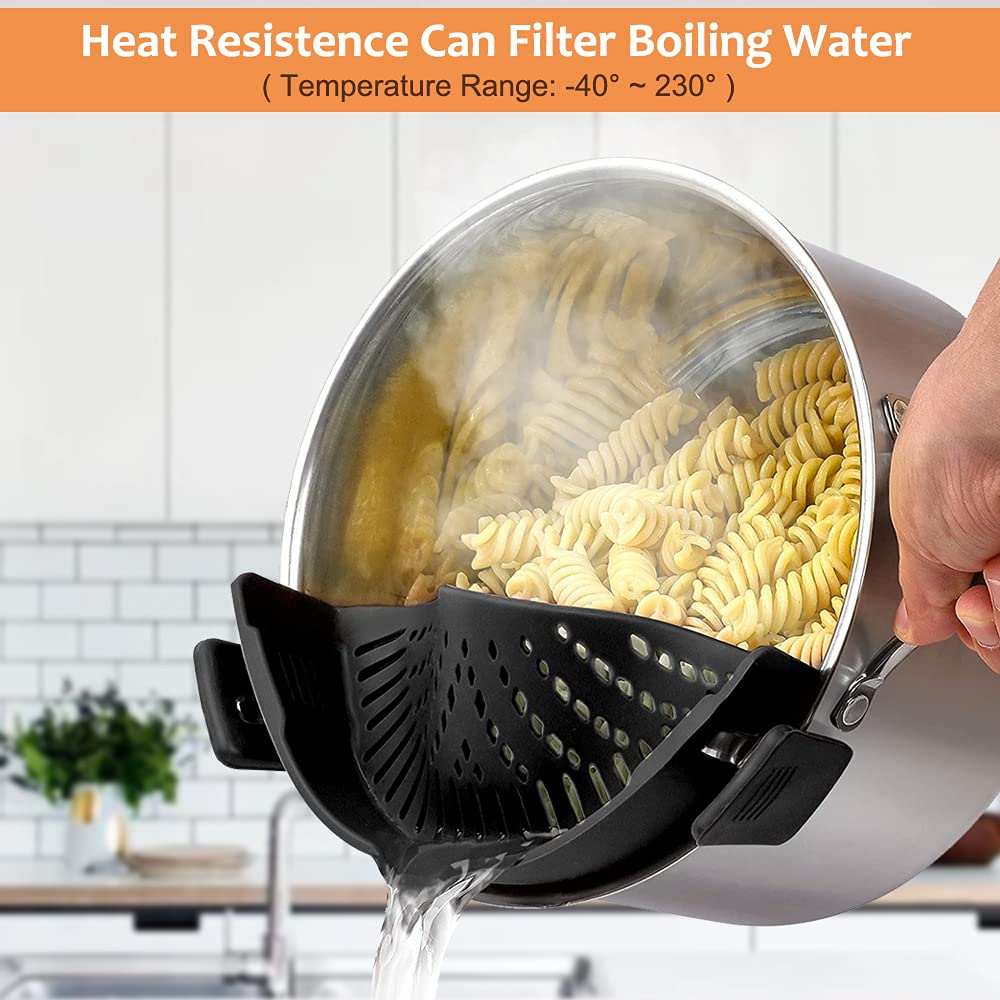 YEVIOR Clip on Strainer for Pots Pan Pasta Strainer, Silicone Food Strainer Hands-Free Pan Strainer, Clip-on Kitchen Food Strainer for Spaghetti, Pasta, Ground Beef Fits All Bowls and Pots (2P)