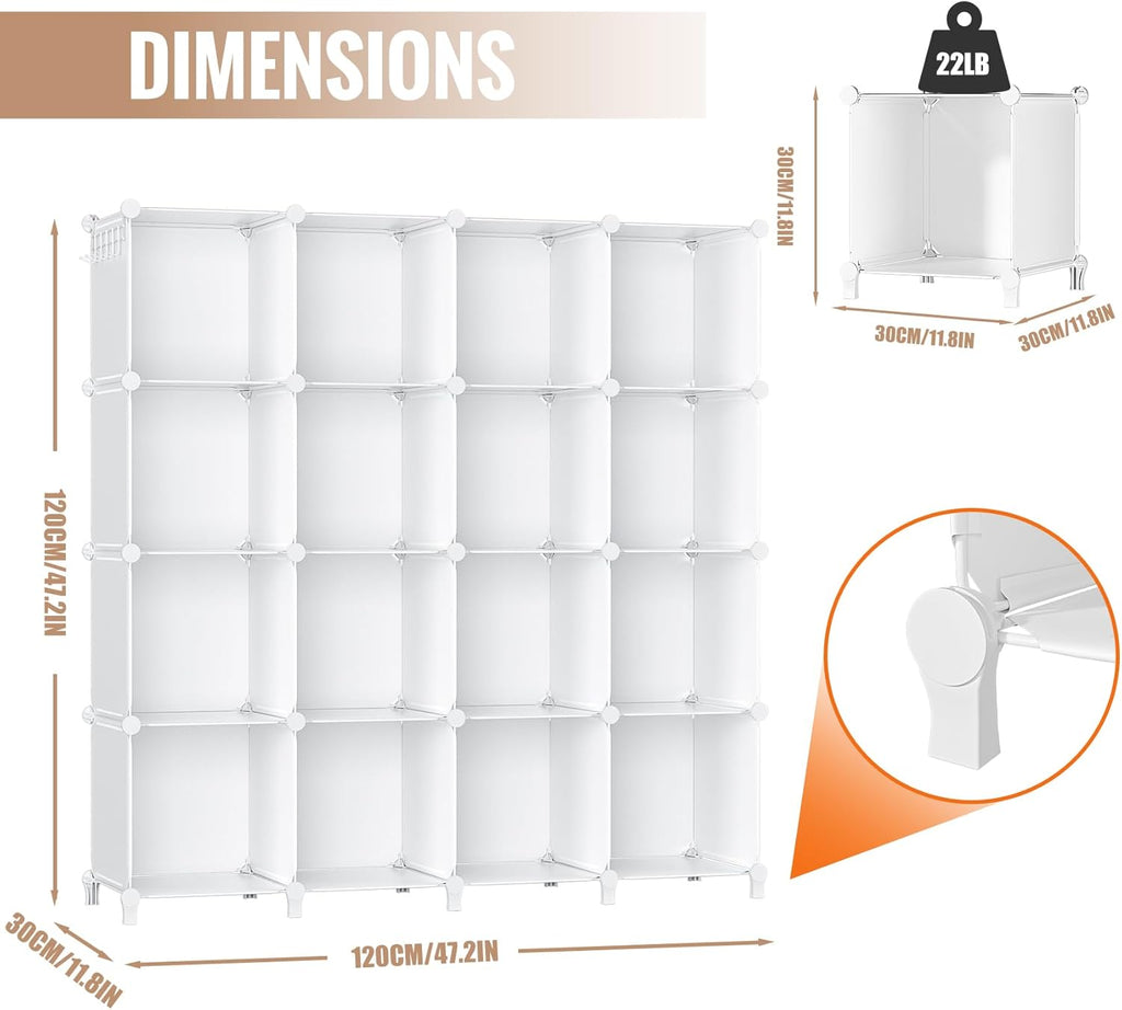Neprock 16-Cubby Storage Organizer - Versatile Closet Shelves for Clothing & Books | White Finish