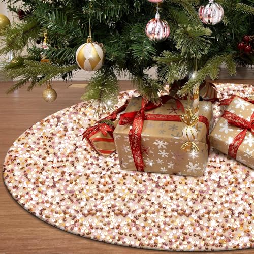 Champagne Gold Sequin Christmas Tree Skirt - 48 Inch Velvet Holiday Decor