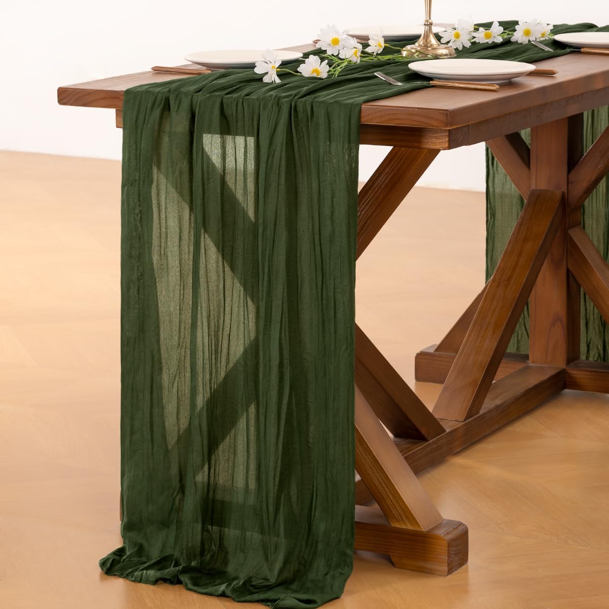Socomi Olive Green Cheesecloth Table Runner - Boho Rustic 120-Inch Decor for Weddings & Events