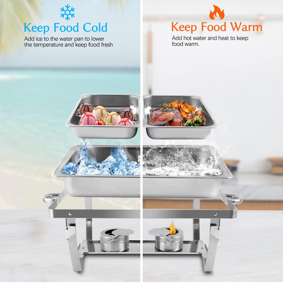 Snowtaros 2 Pack 8QT Chafing Dish Buffet Set, Stainless Steel Food Warmer Set, Rectangular Buffet Server with Tongs & Spoons for Parties, Catering, Banquets, Events (Half Size)