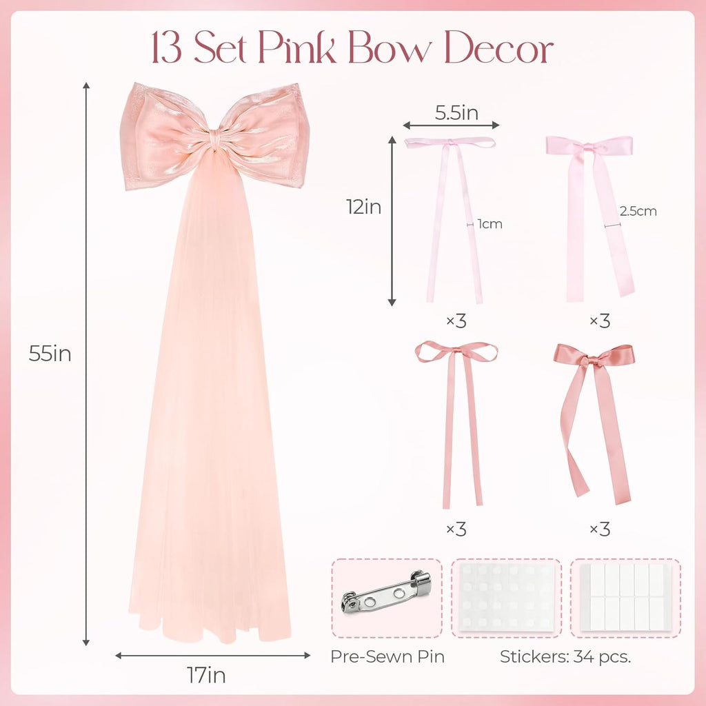Skiennix 13Pcs Large Pink Pearl Silk Satin Bow Set - 17x55 Inch Giant Bow & 12 Small Satin Bows for DIY Decor