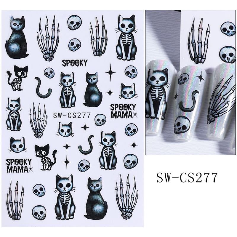 JUNCHAO 3D Embossed Halloween Nail Stickers Black Cat Skeleton Decals