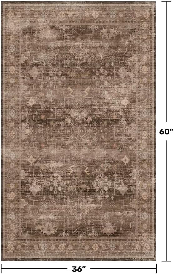 Boho Taupe Brown 3x5 Area Rug - Washable Low Pile Non-Slip Design for Entryway, Kitchen & Laundry
