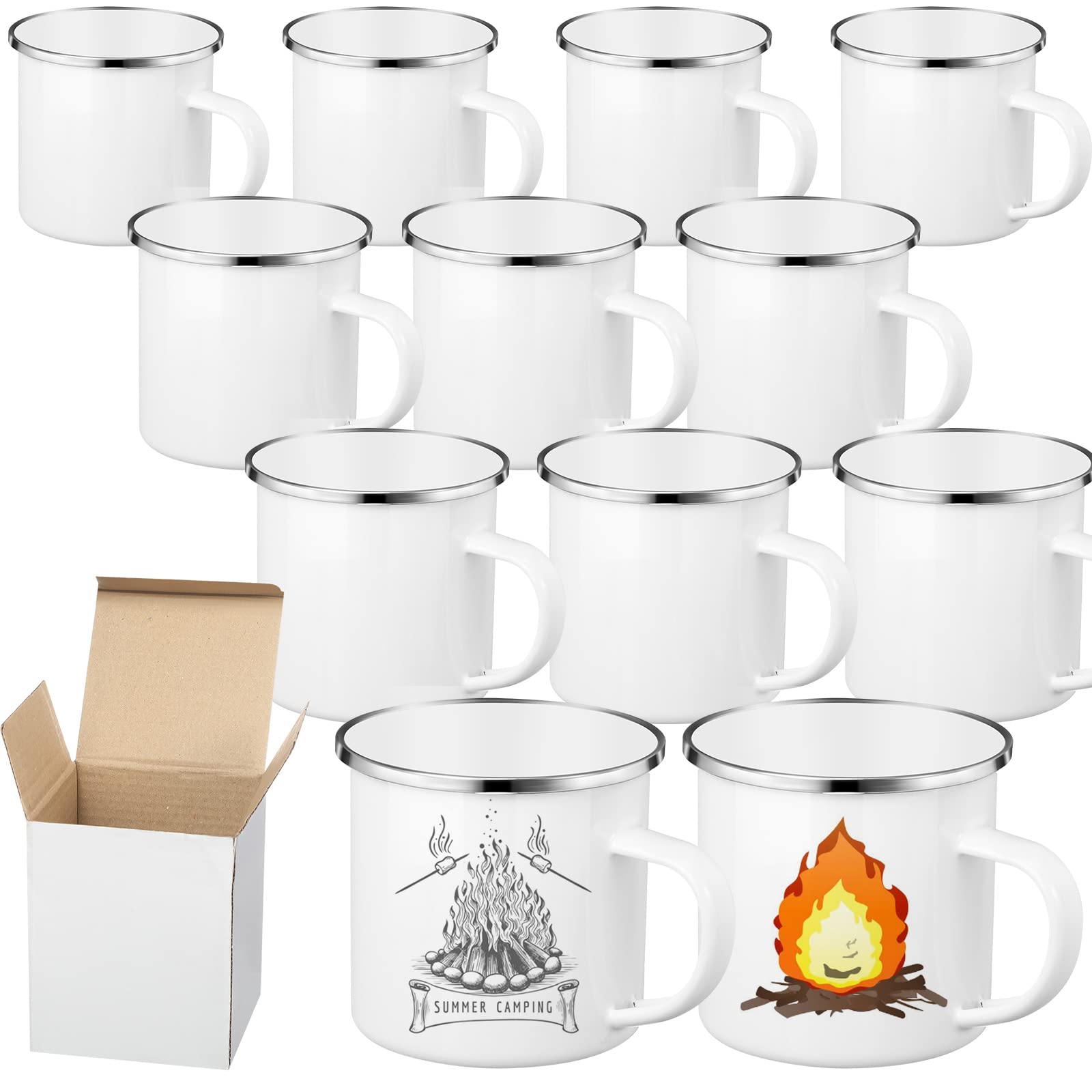 Mimorou 12 Pack Sublimation White Blanks Enamel Coffee Mug Set, 12 oz Camping Outdoor Tea Camp Drinking Cups Travel Metal Skinny Mug with Silver Rim for Party Gifts Picnic Office Home Use