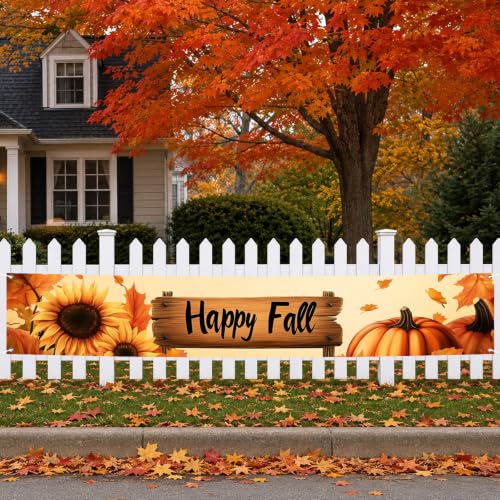 BlissYard Happy Fall Porch Banner 118x20 Sunflower Pumpkin Outdoor Decor