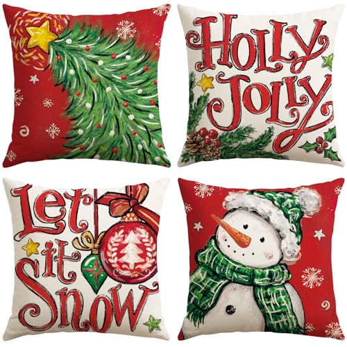 OTOSTAR Christmas Throw Pillow Covers 20x20 Inch, Set of 4 Red Holiday Decor