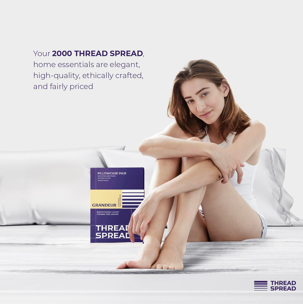 THREAD SPREAD 100% Egyptian Cotton Pillow Cases Queen Size Set of 2 - Luxury 2000 Series Queen Pillow Cases (21” x 32”, White), Soft Cooling Envelope Closure Hotel Quality Egyptian Cotton Pillowcases