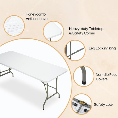 Folding Table - Skiennix 6ft Heavy-Duty Portable Table | 500lbs Capacity, HDPE Top & Steel Legs